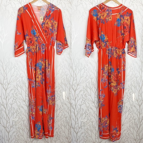 FLYING TOMATO Red Floral Faux Wrap Wide Leg Jumpsuit NWT Small - Picture 10 of 10